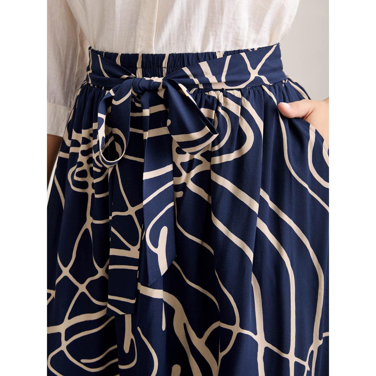 Plus Size Abstract Print Waist-Tie Midi Skirt Women DarkBlue At the Office Low stretch Slanted pocket Work Skirts BloomChic 12/L Product Image