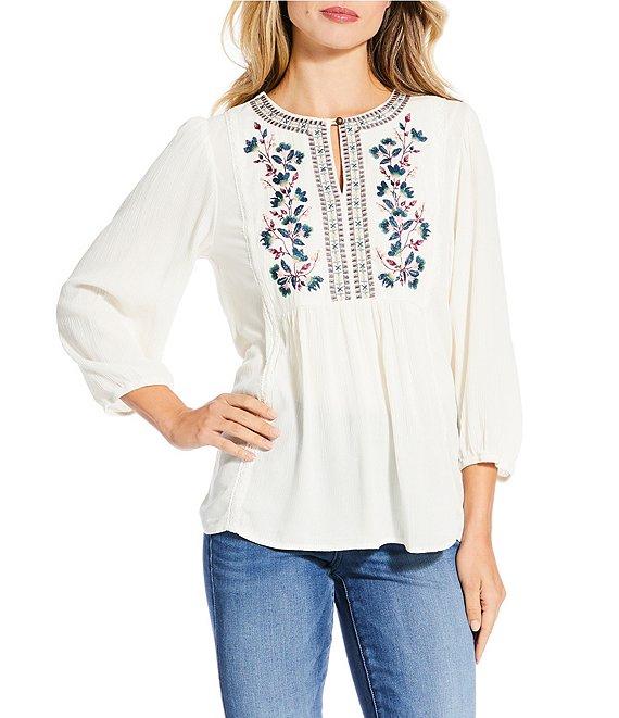 Nurture Gauze 3/4 Sleeve Keyhole Neck Embroidered Lace Square Yoke Top Product Image