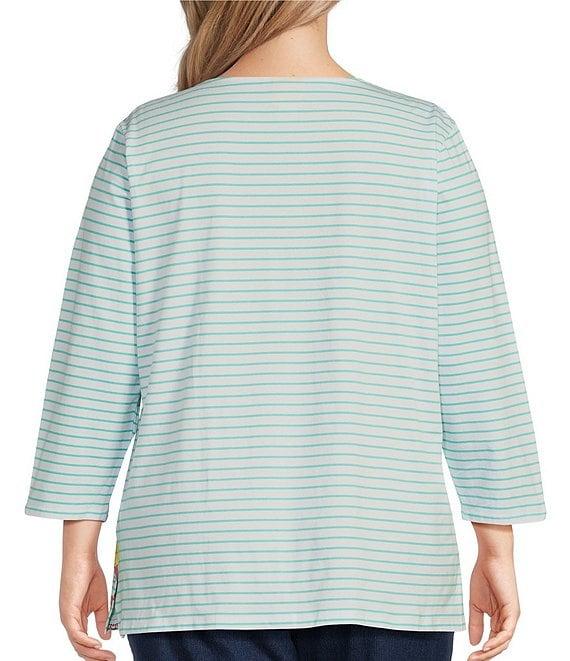 Ruby Rd. Plus Size Knit Floral Embroidered Split Neck 3/4 Sleeve Top Product Image