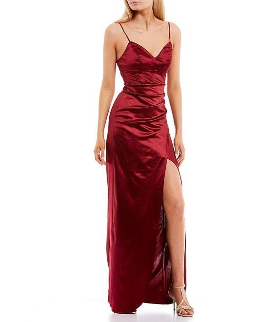 Honey and Rosie V-Neck Pleated Side Slit Corset Gown Product Image