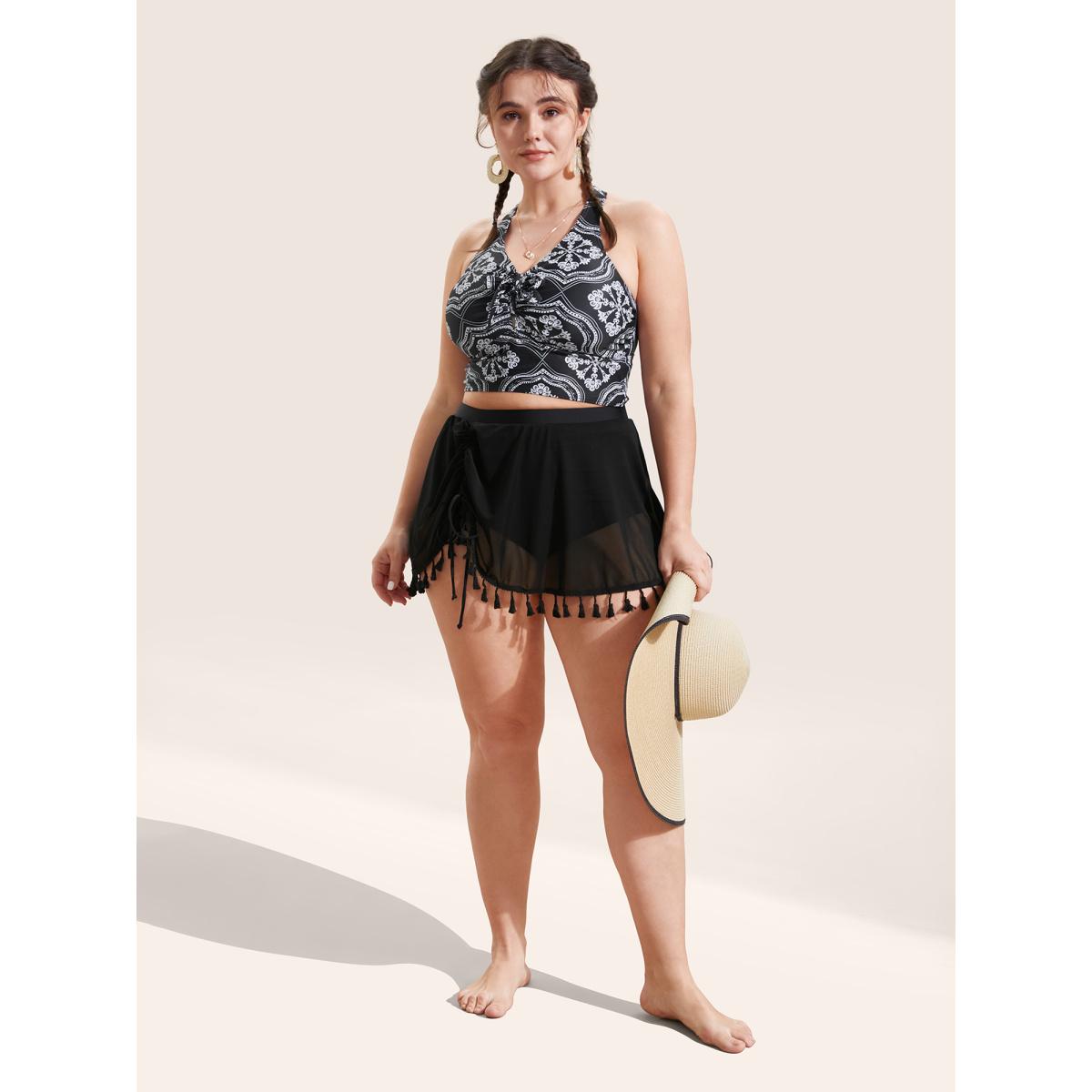 Plus Size Plain Tassel Trim Elastic Waist Swim Bottom Women's Swimwear Black Resort Gathered High stretch Bodycon High Rise Curve Swim Bottoms BloomChic 22-24/3X Product Image