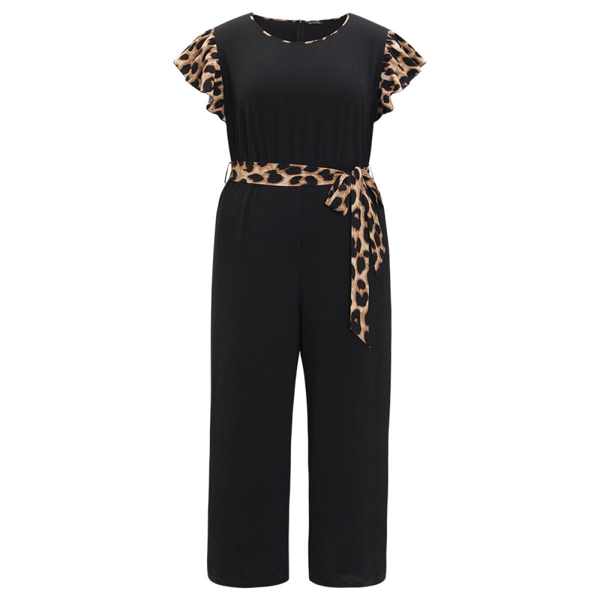 Plus Size DarkBlue Leopard Patchwork Pocket Belted Ruffle Sleeve Jumpsuit Women Office Sleeveless Round Neck Office Loose Jumpsuits BloomChic 30/6X Product Image