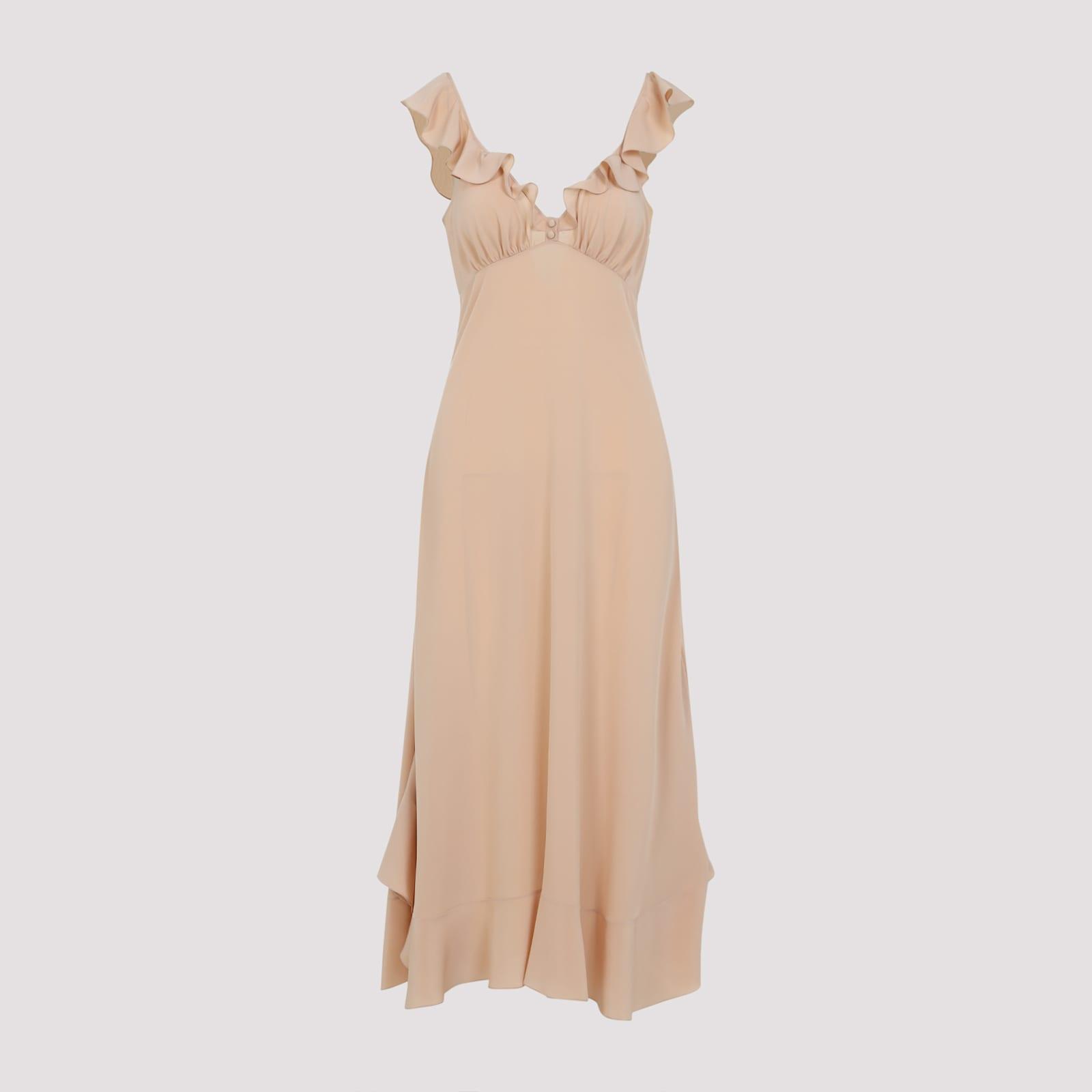 CHLOÉ Long Silk Dress With Flared Skirt And Ruffled Straps In Beige Product Image