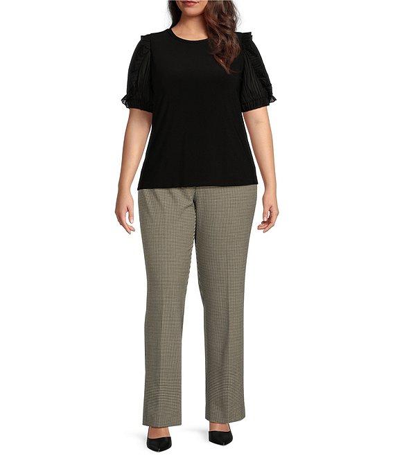 Anne Klein Plus Size Ruffle Combo Short Sleeve Round Neck Knit Top Product Image