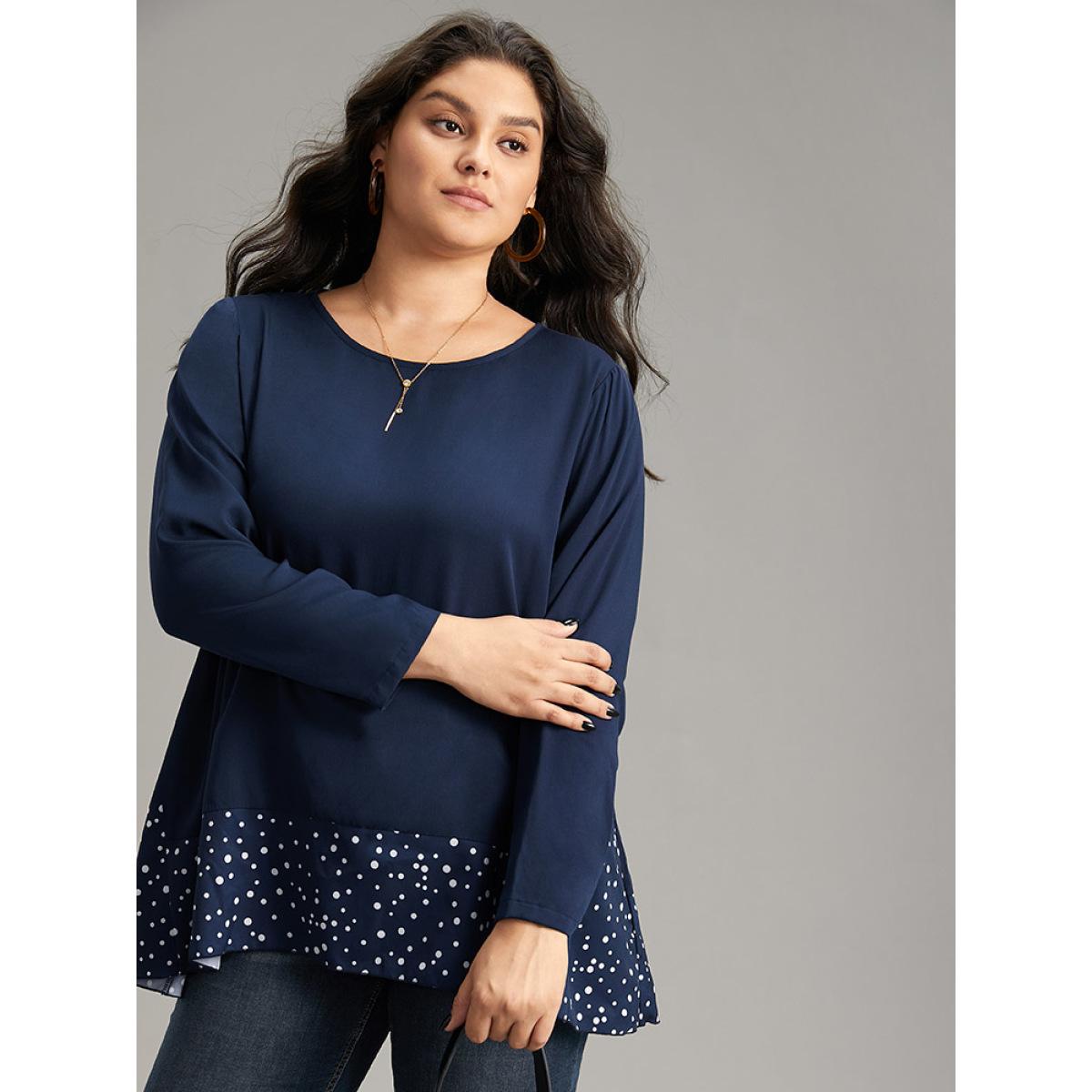 Plus Size Indigo Polka Dot Patchwork Long Sleeve Blouse Women Office Long Sleeve Round Neck Office Blouses BloomChic 30/6X Product Image