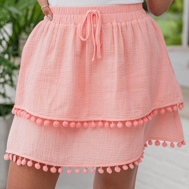 Simply Peachy Salmon Tassel Hem Gauze Skort FINAL SALE Product Image