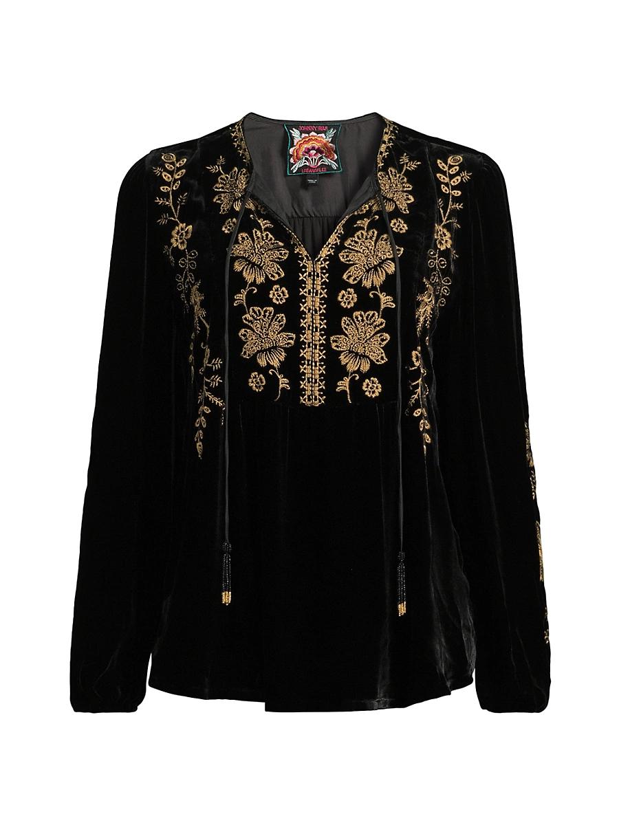 Womens Naomi Embroidered Velvet Tieneck Blouse Product Image