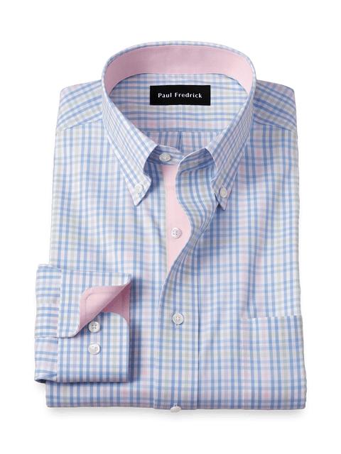 Comfort Stretch Non-Iron Tattersall Dress Shirt With Contrast Trim - Blue/pink Product Image