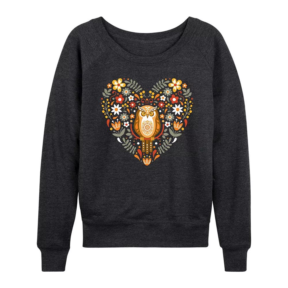 Women's Scandinavian Owl Floral Heart French Terry Long Sleeve Tee, Girl's,  Product Image