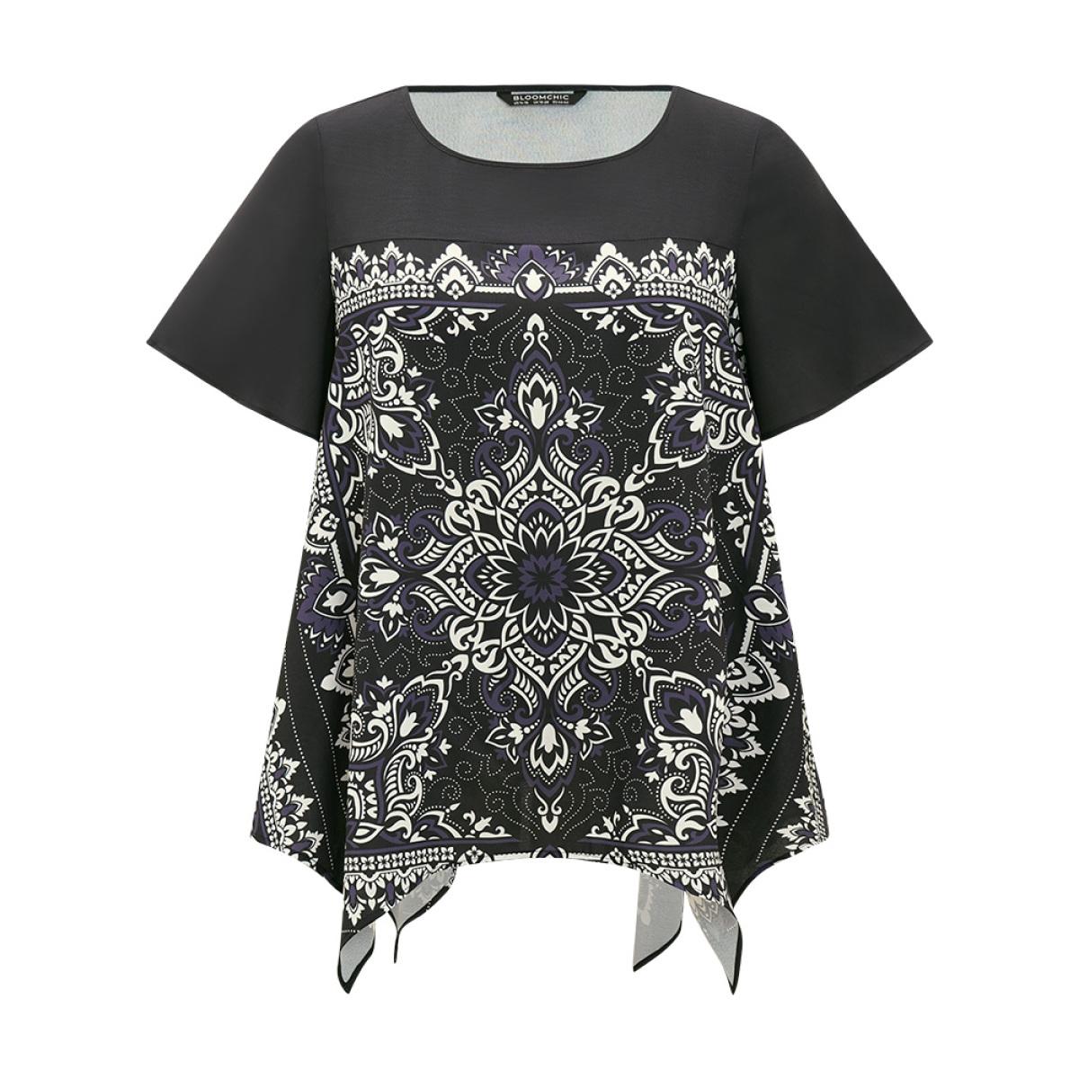 Plus Size Black Boho Print Crew Neck Flutter Sleeve Hanky Hem Blouse Women Vacation Short sleeve Round Neck Dailywear Blouses BloomChic 10/M Product Image