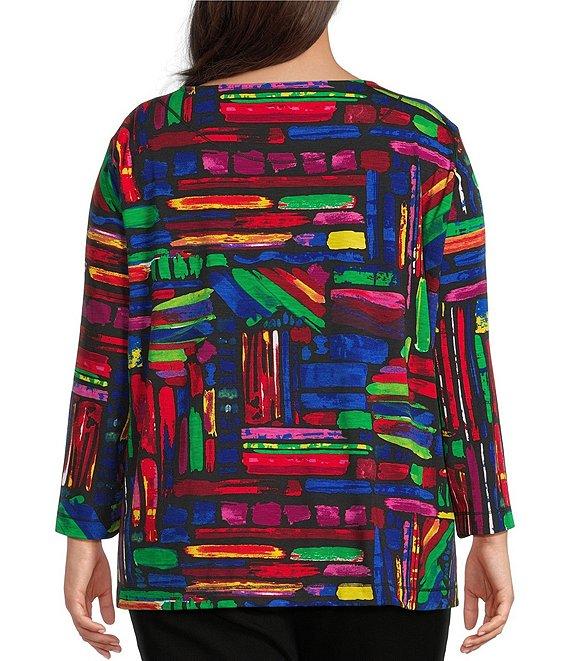 Ali Miles Plus Size Knit Brushstroke Print Round Neck 3/4 Sleeve Top Product Image