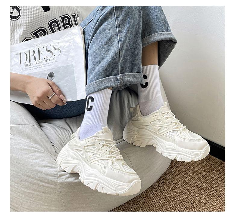 Plain Mesh Panel Lace-Up Platform Sneakers Product Image