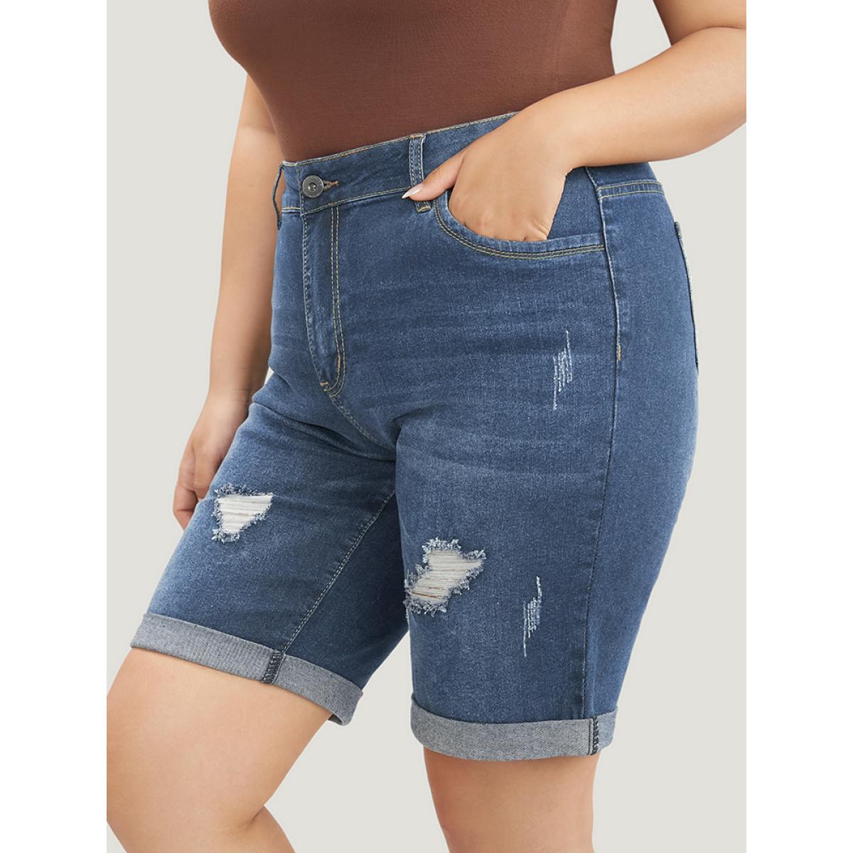 Plus Size Slightly Stretchy High Rise Dark Wash Distressed Denim Shorts Women Stone Casual Plain Distressed Low stretch Pocket Jeans BloomChic 30/6X Product Image