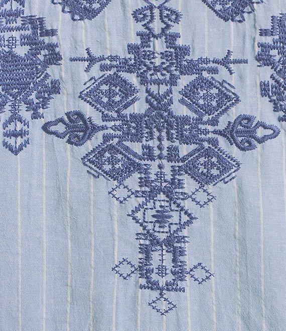 Calessa Patchwork Print Embroidered Split Round Neck 3/4 Tiered Ruffle Sleeve Tunic Product Image