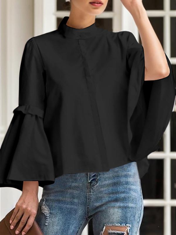 Flared Sleeves Long Sleeves Buttoned Pleated Solid Color Split-Joint Stand Collar Blouses&Shirts Tops Product Image