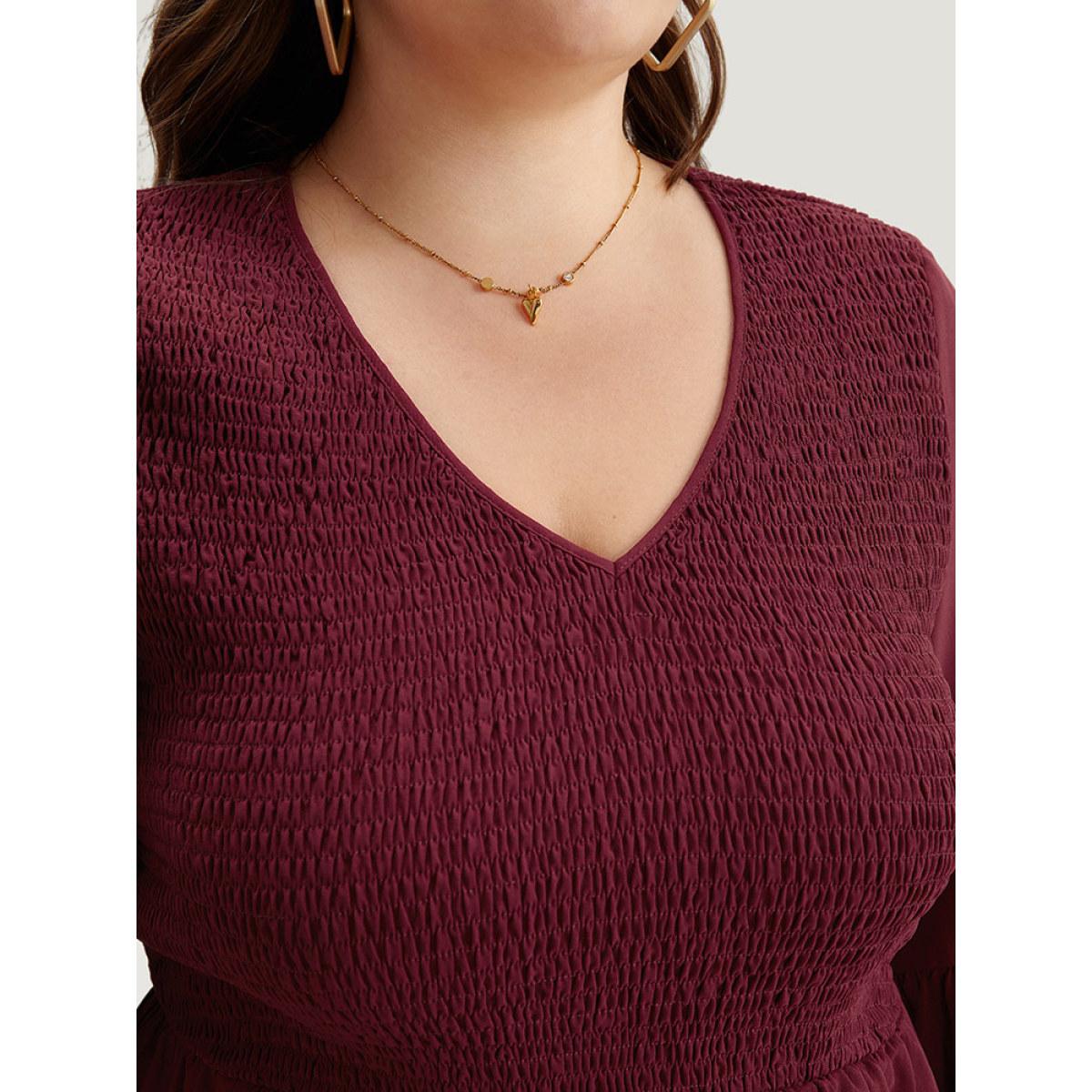 Plus Size Scarlet Plain Shirred Patchwork Ruffle Trim V Neck Blouse Women Elegant Half Sleeve V-neck Dailywear Blouses BloomChic 22-24/3X Product Image