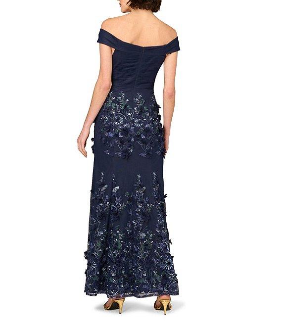 Aidan Mattox Mesh Embroidered Sequin Floral Off-The-Shoulder Neck Sleeveless Sheath Gown Product Image