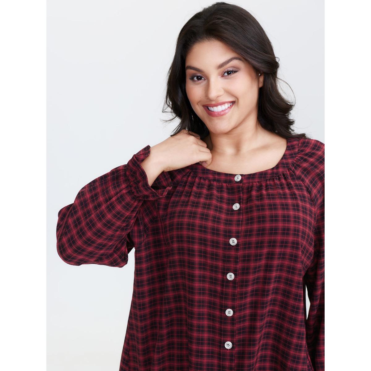 Plus Size Gingham Ruffled Hem Loungewear Set Women Multicolor Button Extra Long Sleeve Round Neck Leisure Loungewear Sets BloomChic 18-20/2X Product Image