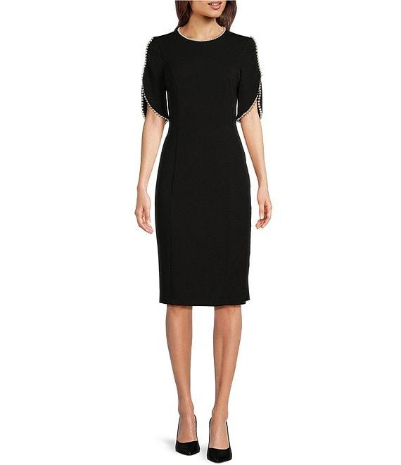 Adrianna Papell Stretch Crepe Crew Neck Short Sleeve Pearl Trim Knee Length Sheath Dress Product Image