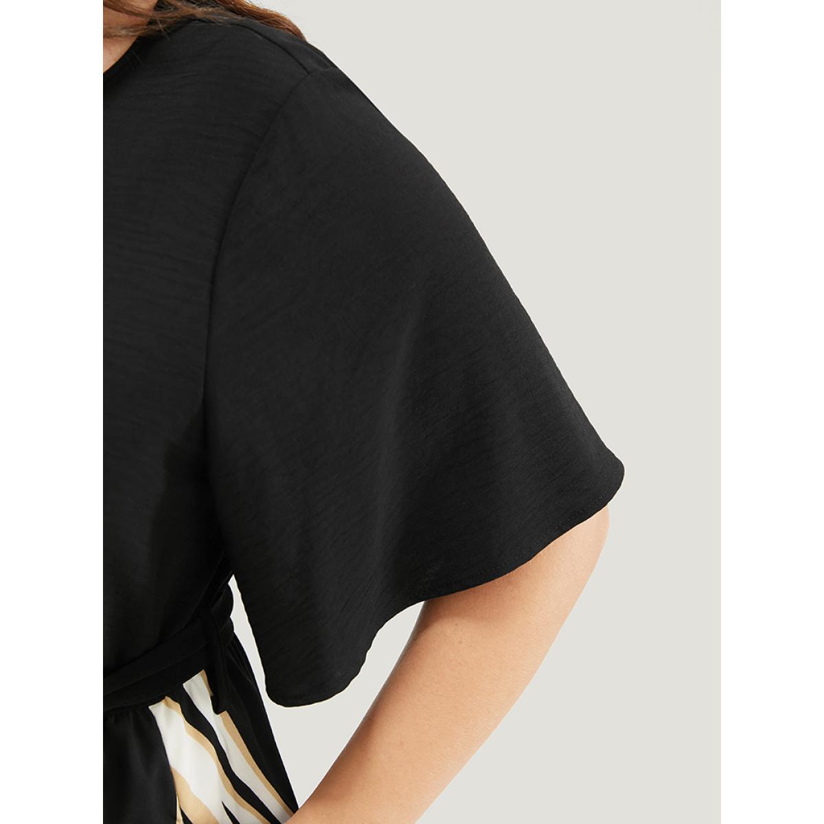 Plus Size Striped Patchwork Ruffle Sleeve Pocket Belted Keyhole Dress Black Women Office Lined Keyhole Cut-Out Short sleeve Curvy Midi Dress BloomChic 26/4X Product Image