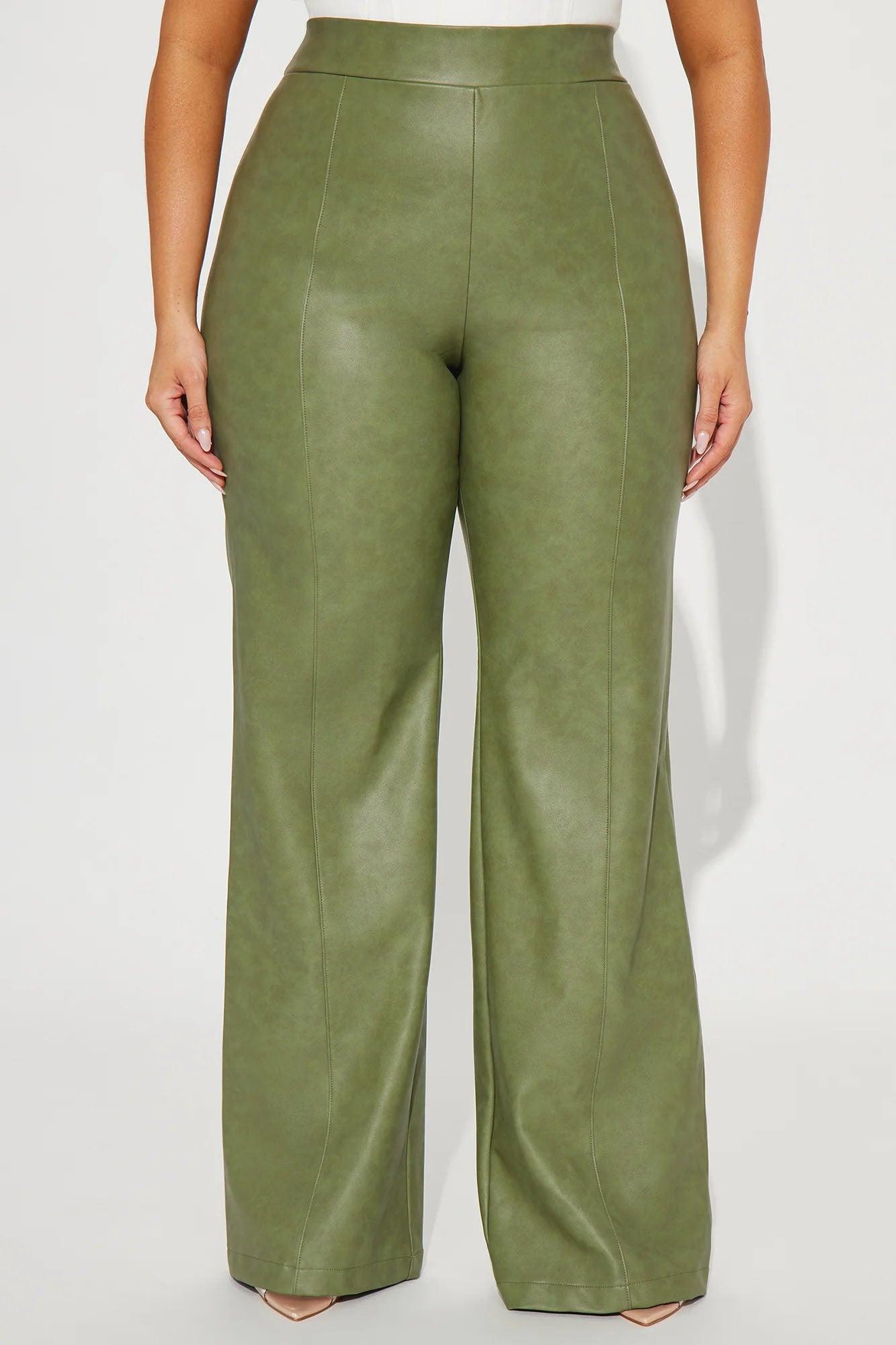 Victoria High Waisted Washed Faux Leather Dress Pants - Olive Product Image