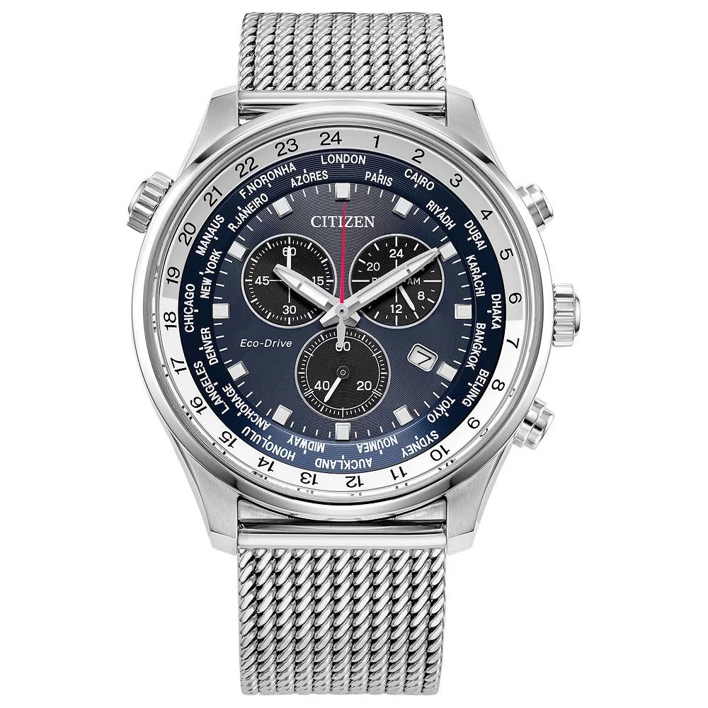 Citizen Mens Eco-Drive Stainless Steel Chronograph Blue Dial Mesh Bracelet Watch - AT0368-82L Silver Product Image