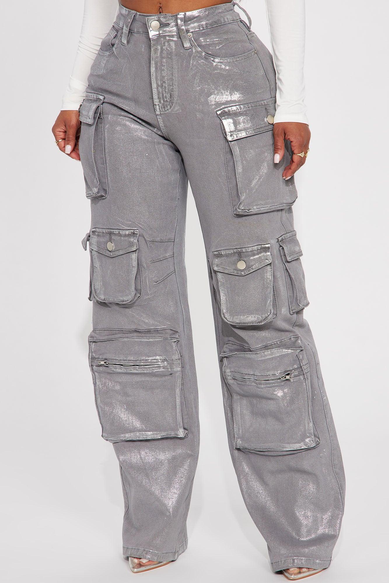Time To Shine Foil Baggy Cargo Jeans - Silver Product Image