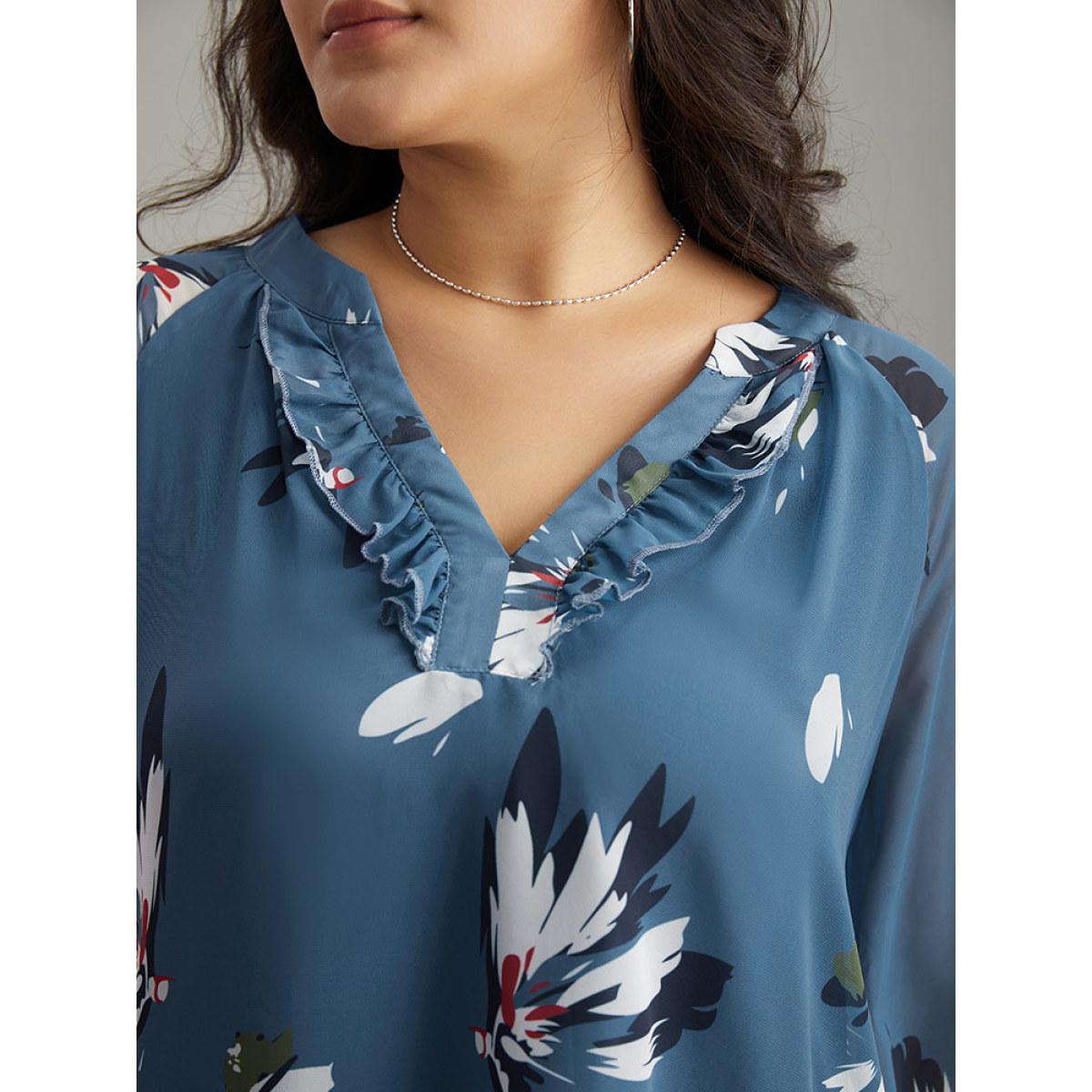 Plus Size Cerulean Floral Print Shirred Ruffles Mesh Blouse Women Elegant Long Sleeve V-neck Dailywear Blouses BloomChic 14-16/1X Product Image