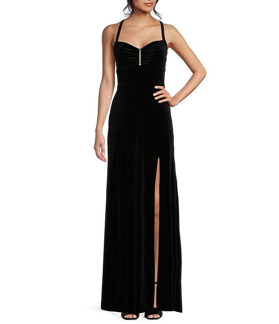 Blondie Nites Sweetheart Neckline Sleeveless Long Velvet Pinch Dress Product Image