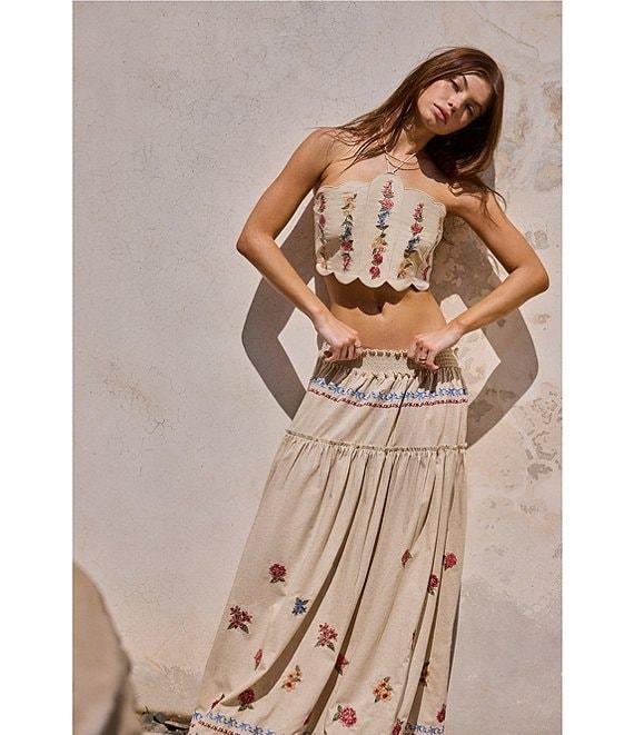 Agua Bendita Jenna Blush Floral Embroidered Smocked Waist Maxi Skirt Product Image