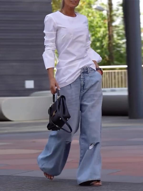 Long Sleeves Loose Solid Color Round-Neck T-Shirts Tops Product Image