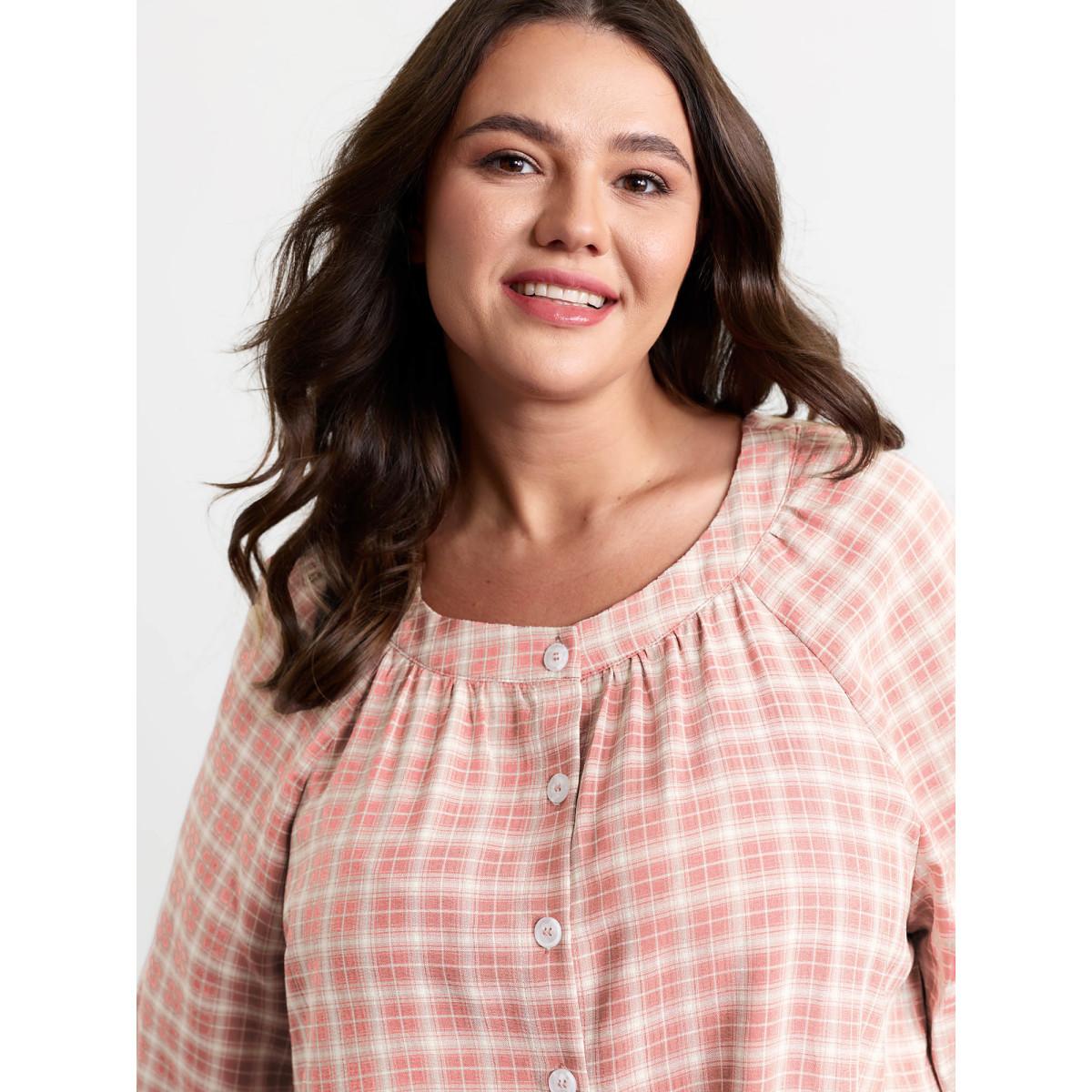 Plus Size Gingham Ruffled Hem Loungewear Set Women Rouge Button Extra Long Sleeve Round Neck Leisure Loungewear Sets BloomChic 26/4X Product Image