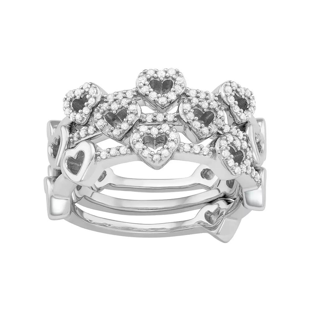 Jewelexcess Sterling Silver 1/3 Carat T.W. Diamond Heart Stack Ring Set, Women's, Size: 7, Silver Tone Product Image