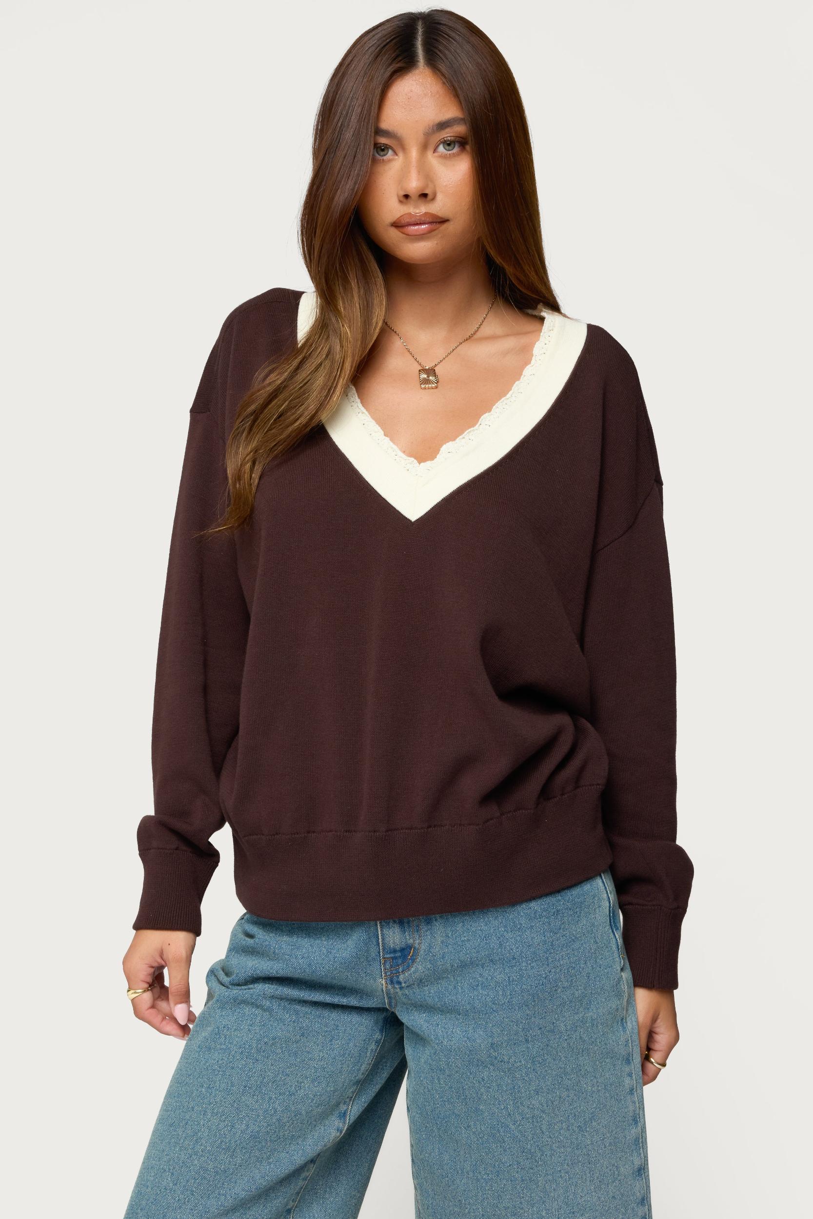 Marie Contrast Lacey V Neck Sweater Product Image