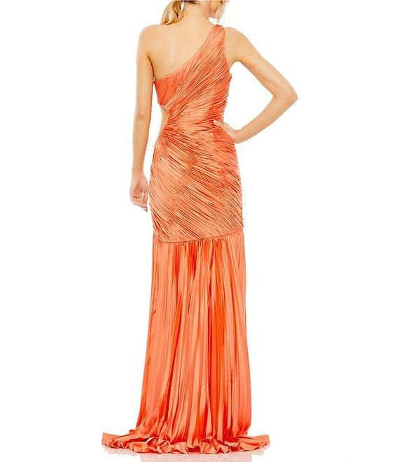 Mac Duggal One Shoulder Side Cut Out Shirred Chiffon Ruffle Front Sheath Gown Product Image