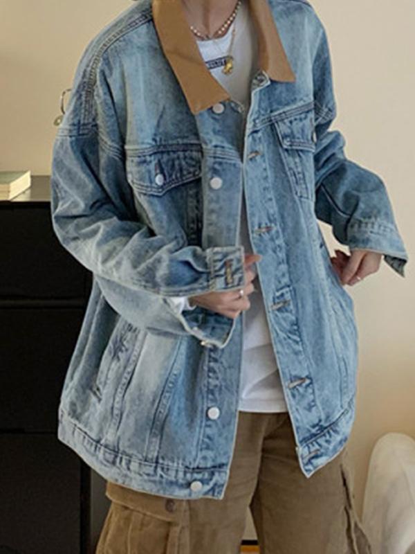 Vintage Contrast Leather Lapel Neck Denim Jacket Product Image