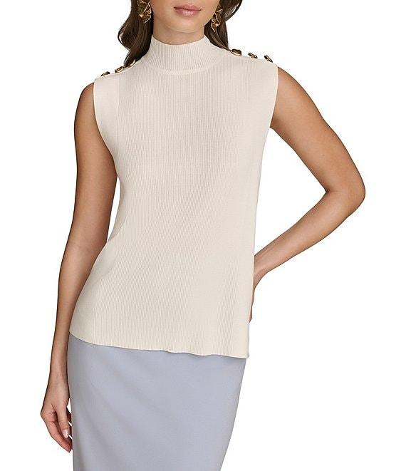 Donna Karan Yarn Knit Button Mock Neck Sleeveless Top Product Image