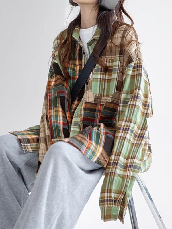 Irregular Plaid Splice Long Sleeve Blouse Product Image