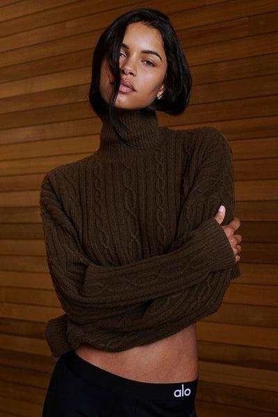 Cable Knit Cropped Winter Bliss Turtleneck Long Sleeve - Espresso Female Product Image