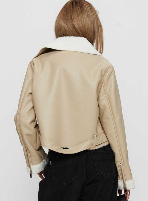 Shearling Trim Faux Leather Jacket Beige Product Image