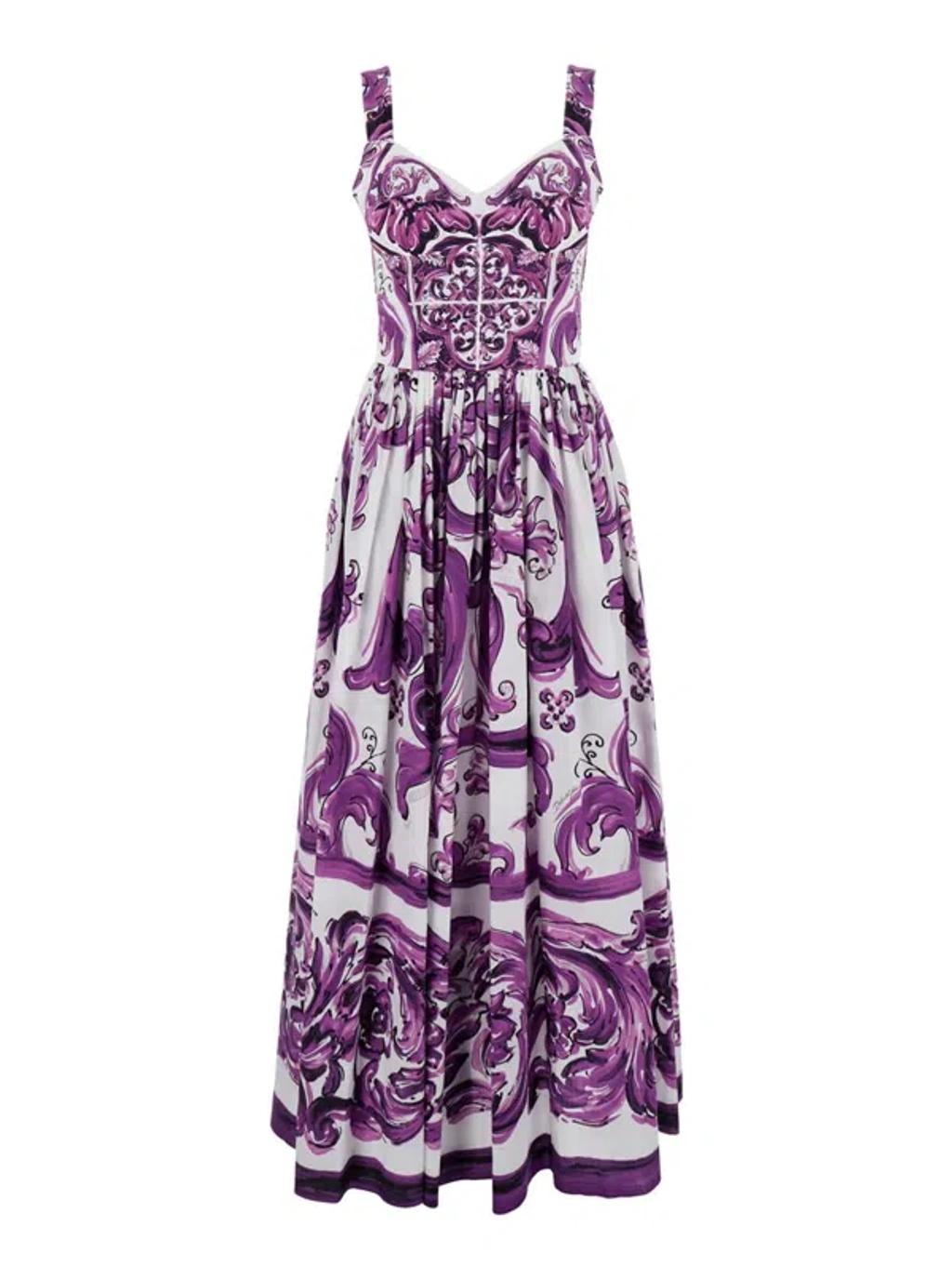 DOLCE & GABBANA Long Poplin Dress With Majolica Print In Purple Product Image