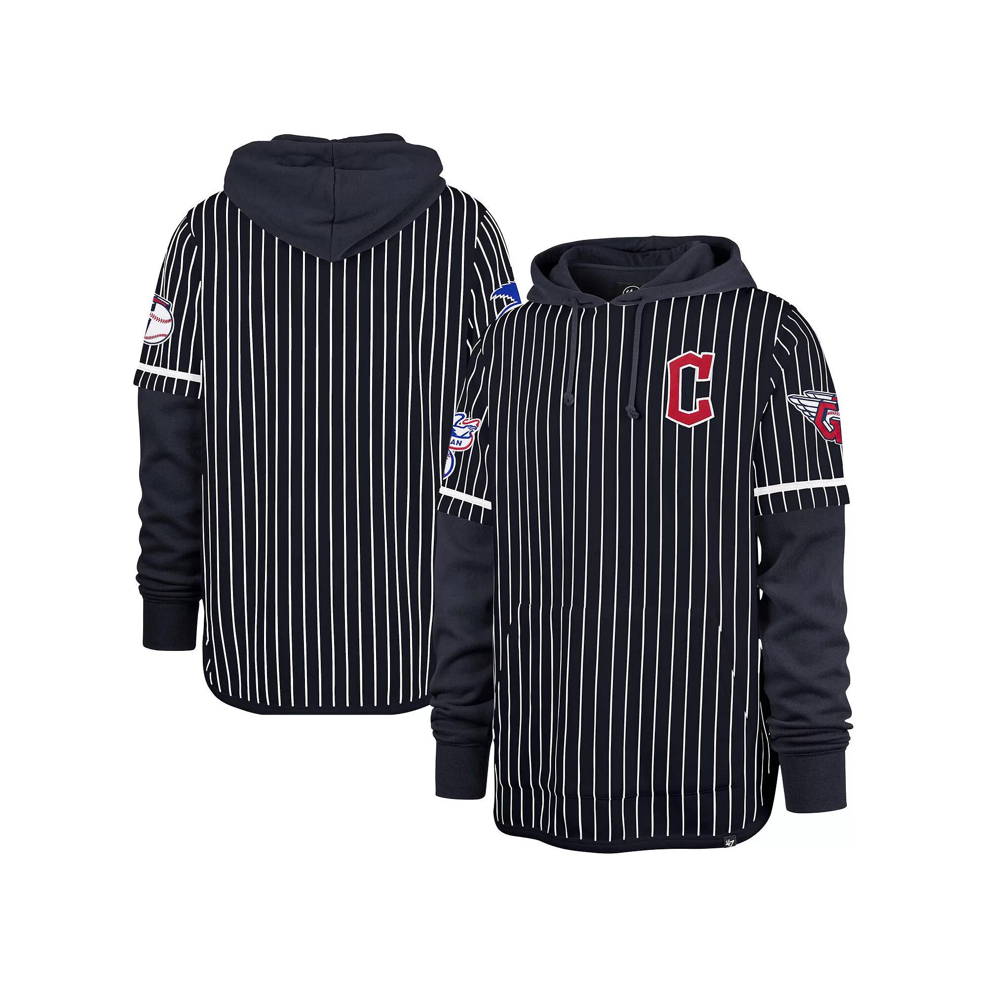 Men's '47 Navy Cleveland Guardians Pinstripe Double Header Pullover Hoodie,  Product Image