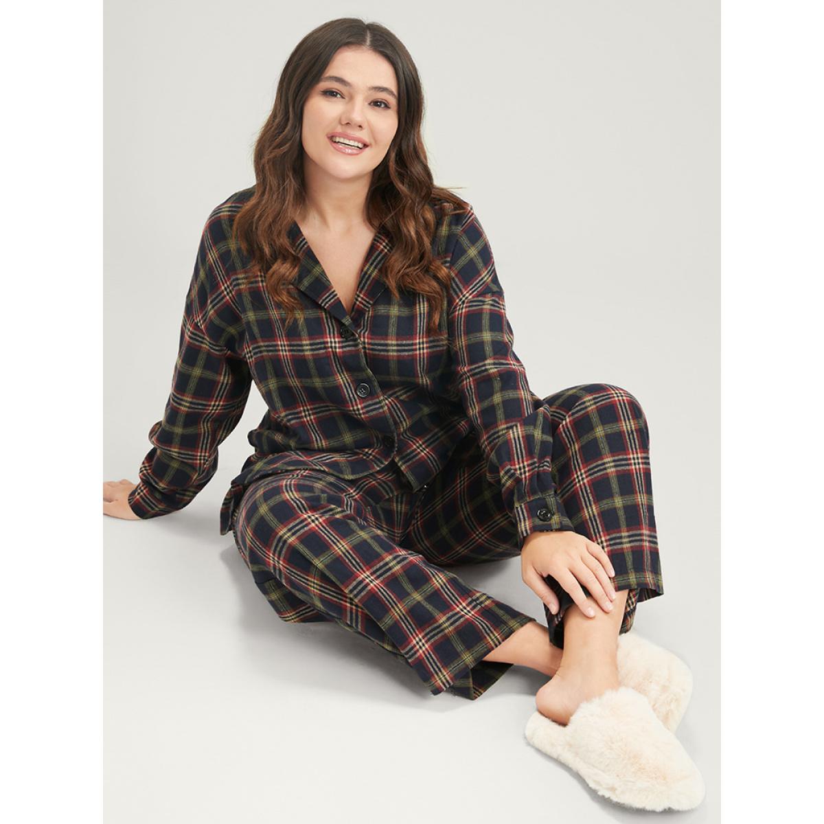 Plus Size Plaid Pocket Button Through Pajama Set Women DarkBlue Plaid Button Long Sleeve Shirt collar Casual Loungewear Sets BloomChic 10/M Product Image