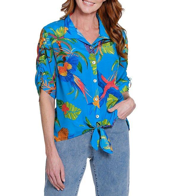 John Mark Tropical Print Cinch Tie Sleeve Button Front Shirt Product Image