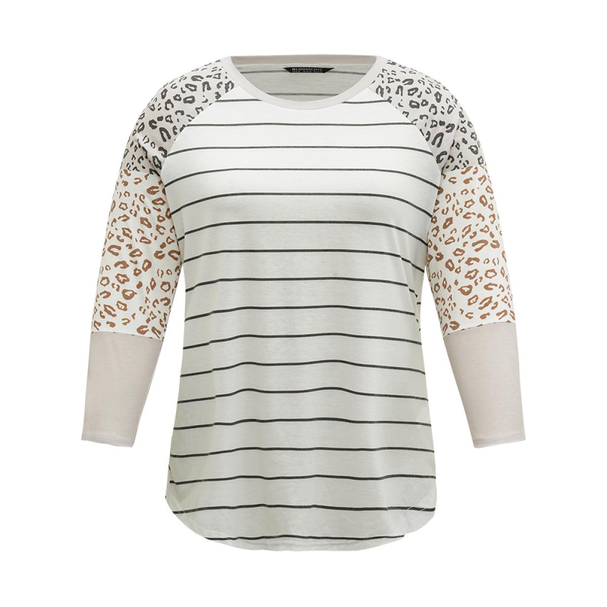 Plus Size Leopard Striped Patchwork Raglan Sleeve T-shirt Multicolor Women Casual Patchwork Leopard Round Neck Dailywear T-shirts BloomChic 26/4X Product Image
