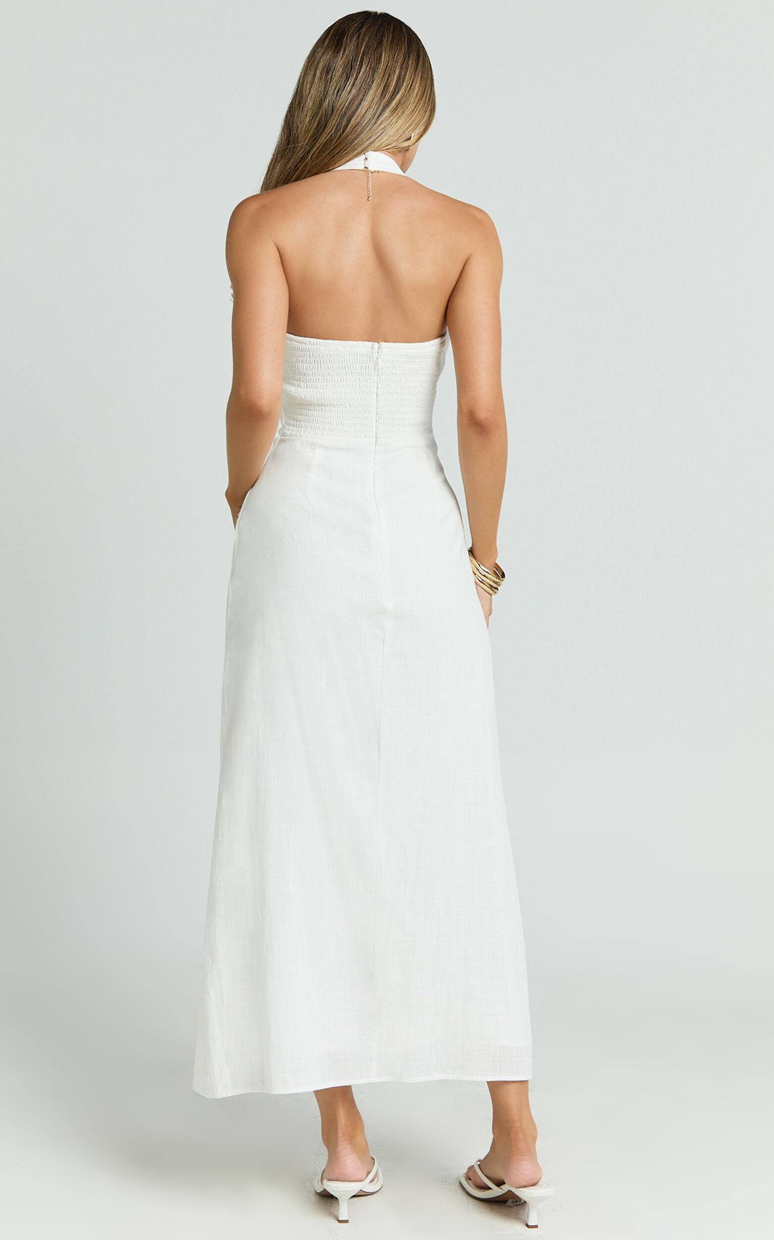 Lindley Midi Dress - Halter Neck Linen Look Dress in White Product Image