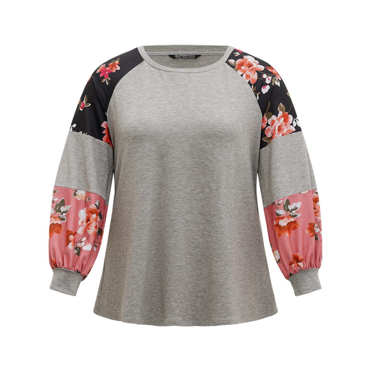 Plus Size Colorblock Contrast Floral Crew Neck Raglan Sleeve Sweatshirt Women Gray Casual Elastic cuffs Round Neck Dailywear Sweatshirts BloomChic 30/6X Product Image