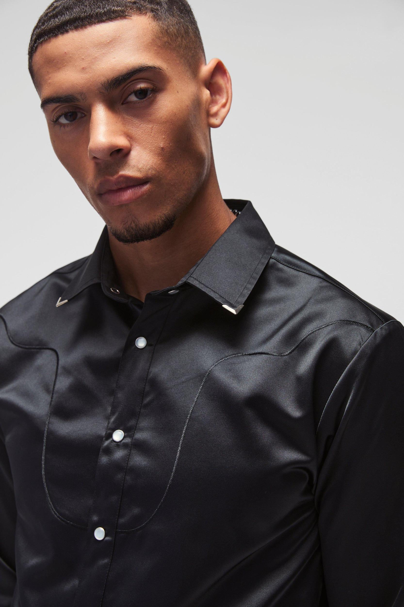Regular Satin Western Long Sleeve Shirt | boohooMAN USA Product Image