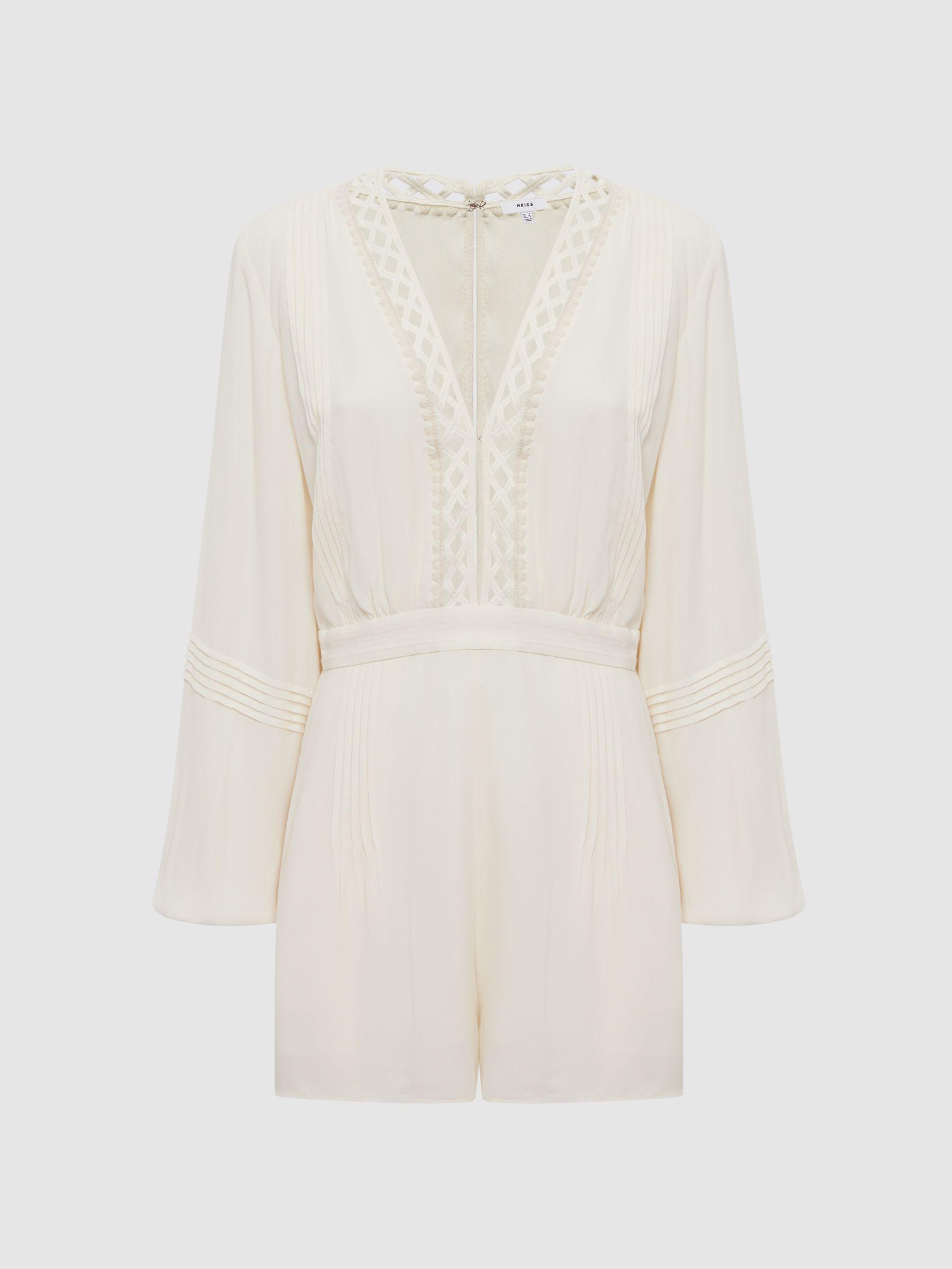 Long Sleeve Lattice Playsuit in Cream Product Image