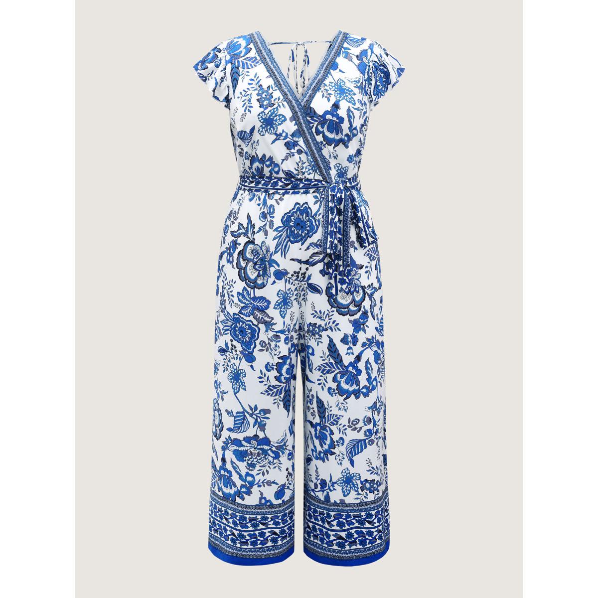 Plus Size Mediumblue Boho Print Surplice Neck Belted Jumpsuit Women Cap Sleeve Overlap Collar Vacation Loose Jumpsuits BloomChic 22-24/3X Product Image